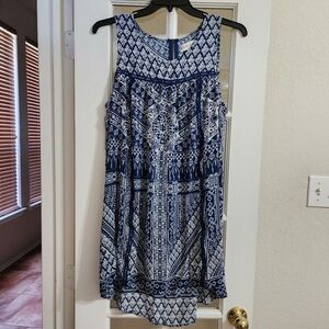Knox Rose XL Navy Blue Boho Border Print Sleeveless Dress Rayon High Low Hem